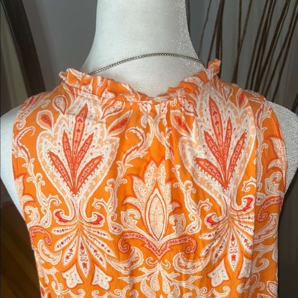 3x20 LOFT Orange and White Sleeveless Ruffled Tie Front Blouse - Picture 8 of 9